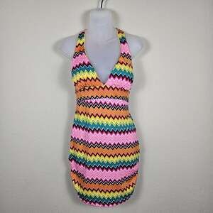Coogi Beach Coverup Dress Womens S Chevron Colorful Y2K Mini Halter Padded Bra